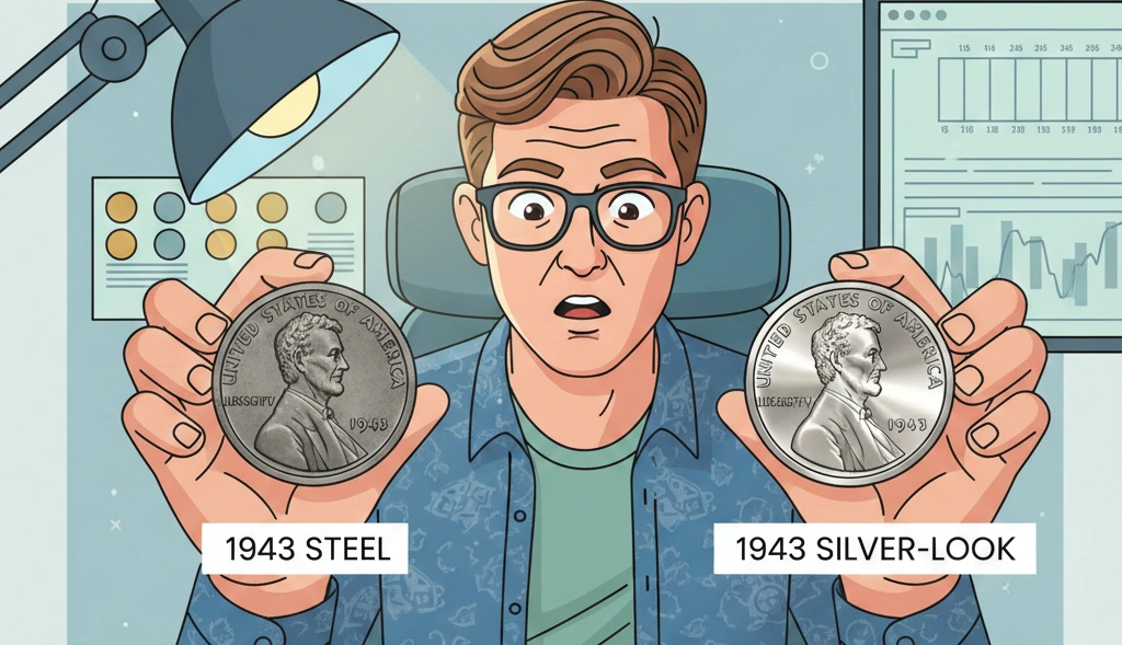 A collector comparing a steel penny and a silver-looking 1943 penny