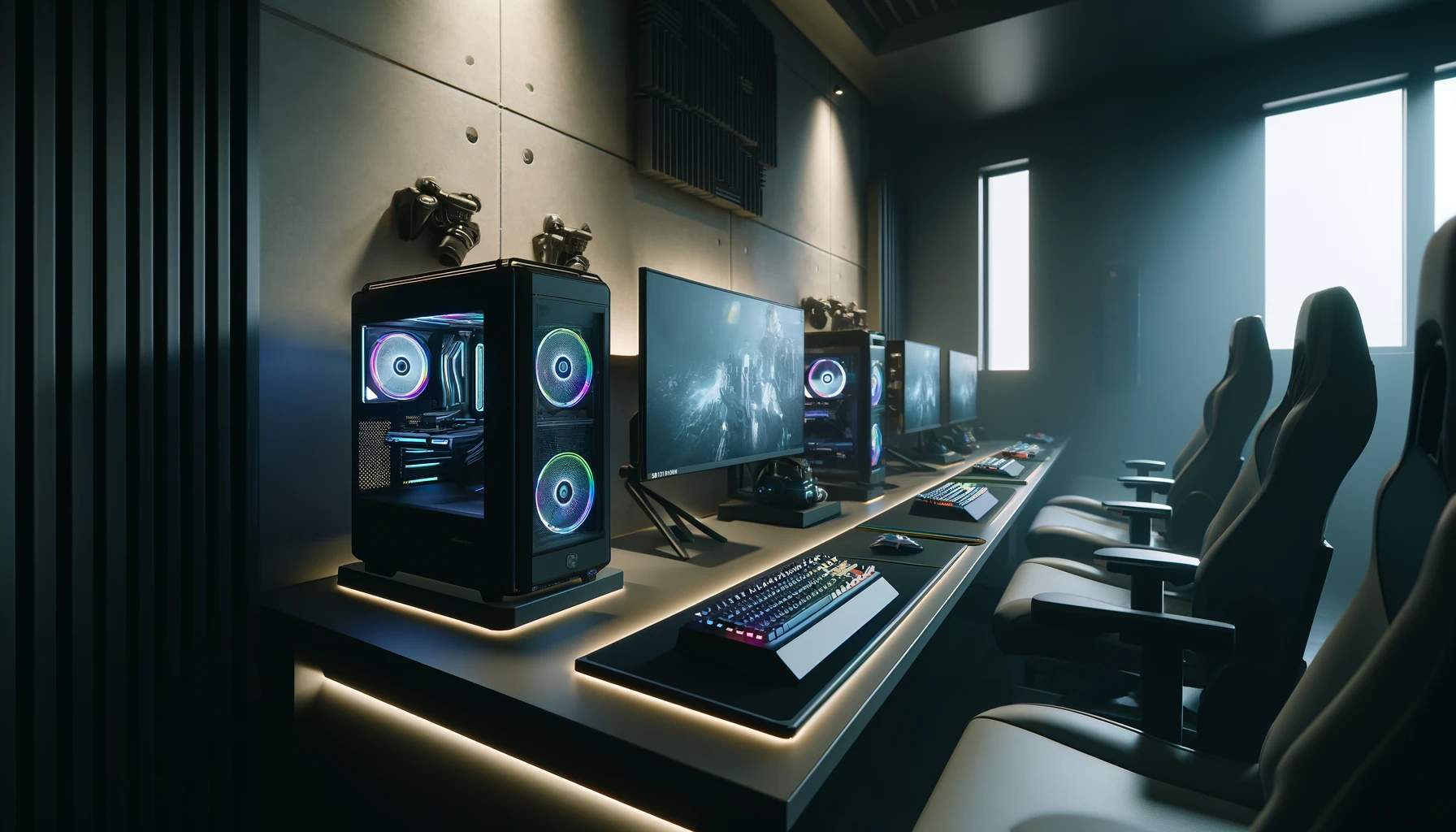 a close-up view of a high-tech cyber club set up for esports, with multiple sleek gaming stations.