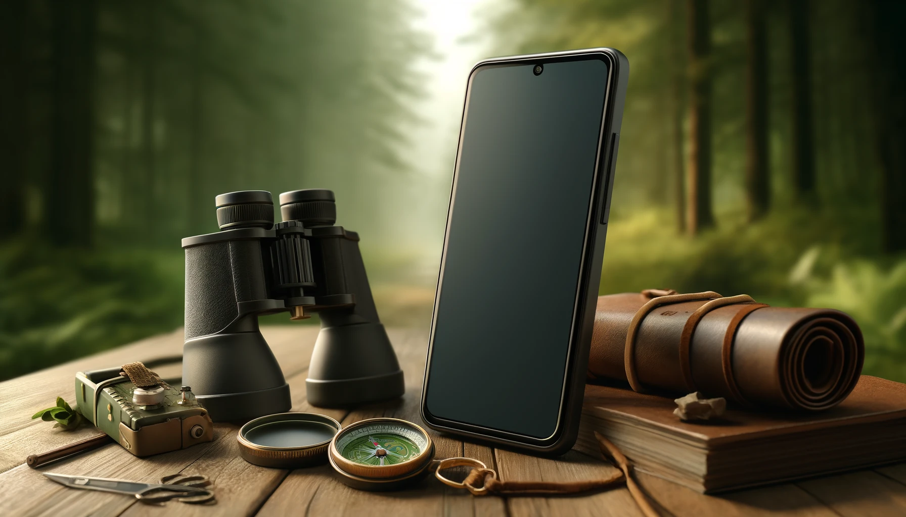 a serene setup for a gaming exploration adventure, featuring a smartphone, placed alongside a compass, binoculars, and walking boots on a wooden table.