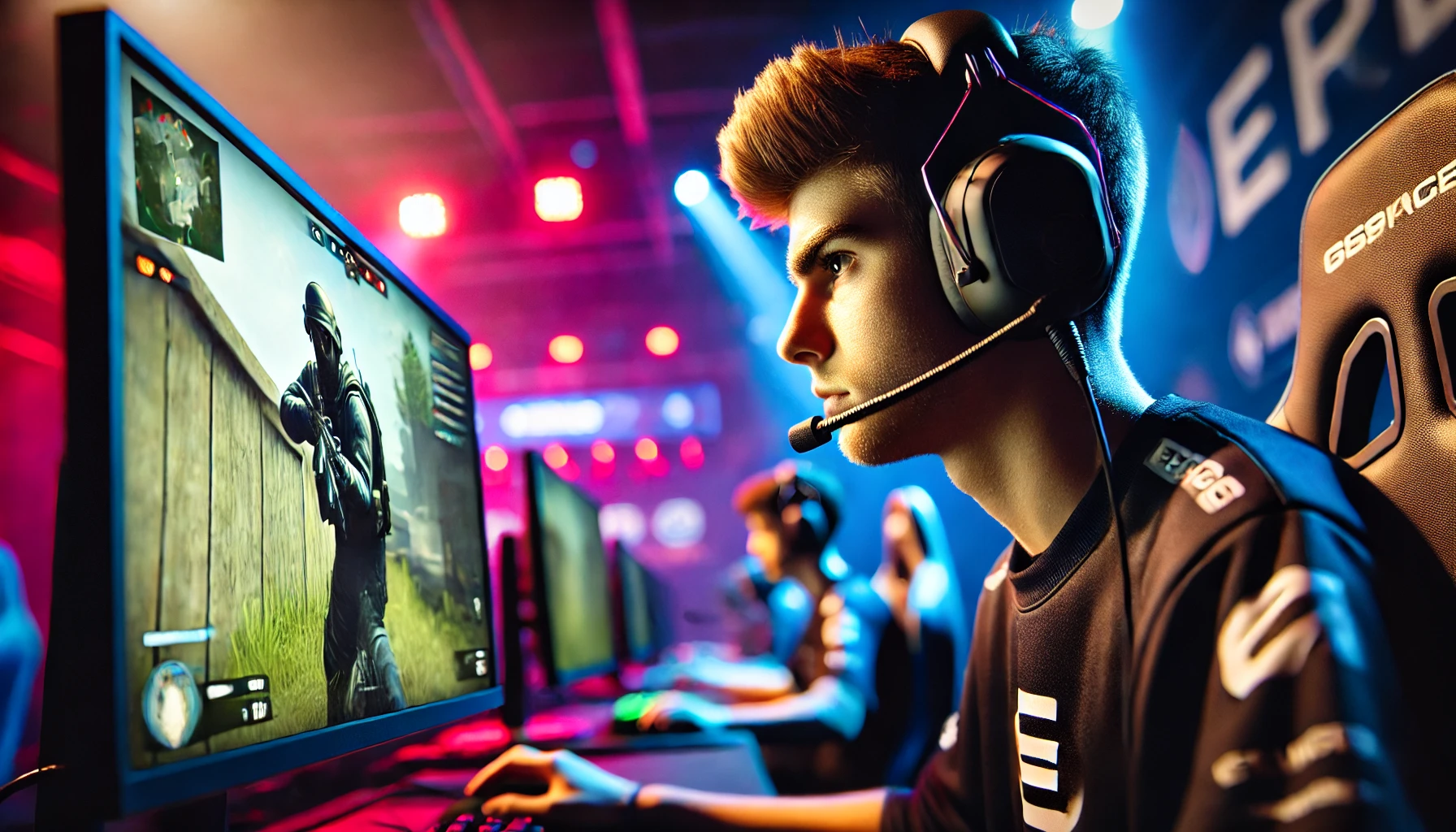 A close-up view of an e-sports player intensely focused on his game, illuminated by the glow of their monitors, with the dynamic atmosphere of the tournament visible in the background.