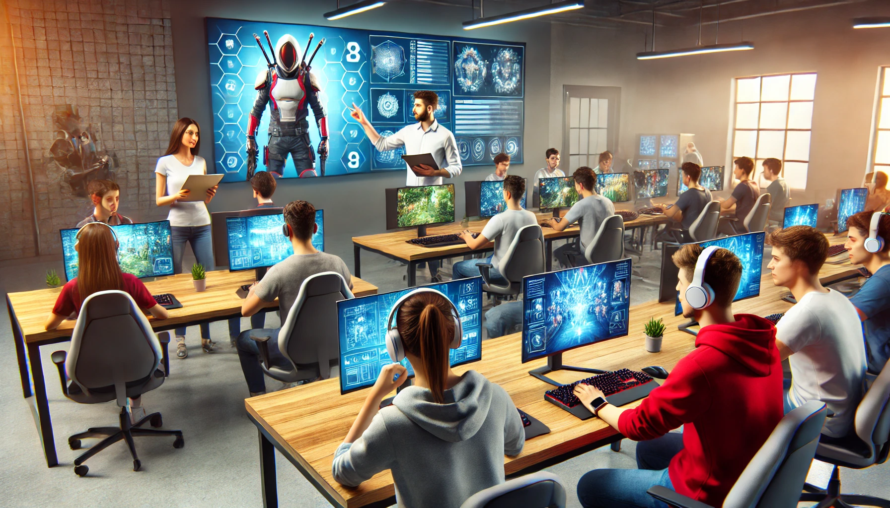A modern educational setting focused on esports, showing a classroom equipped with advanced gaming setups for training.
