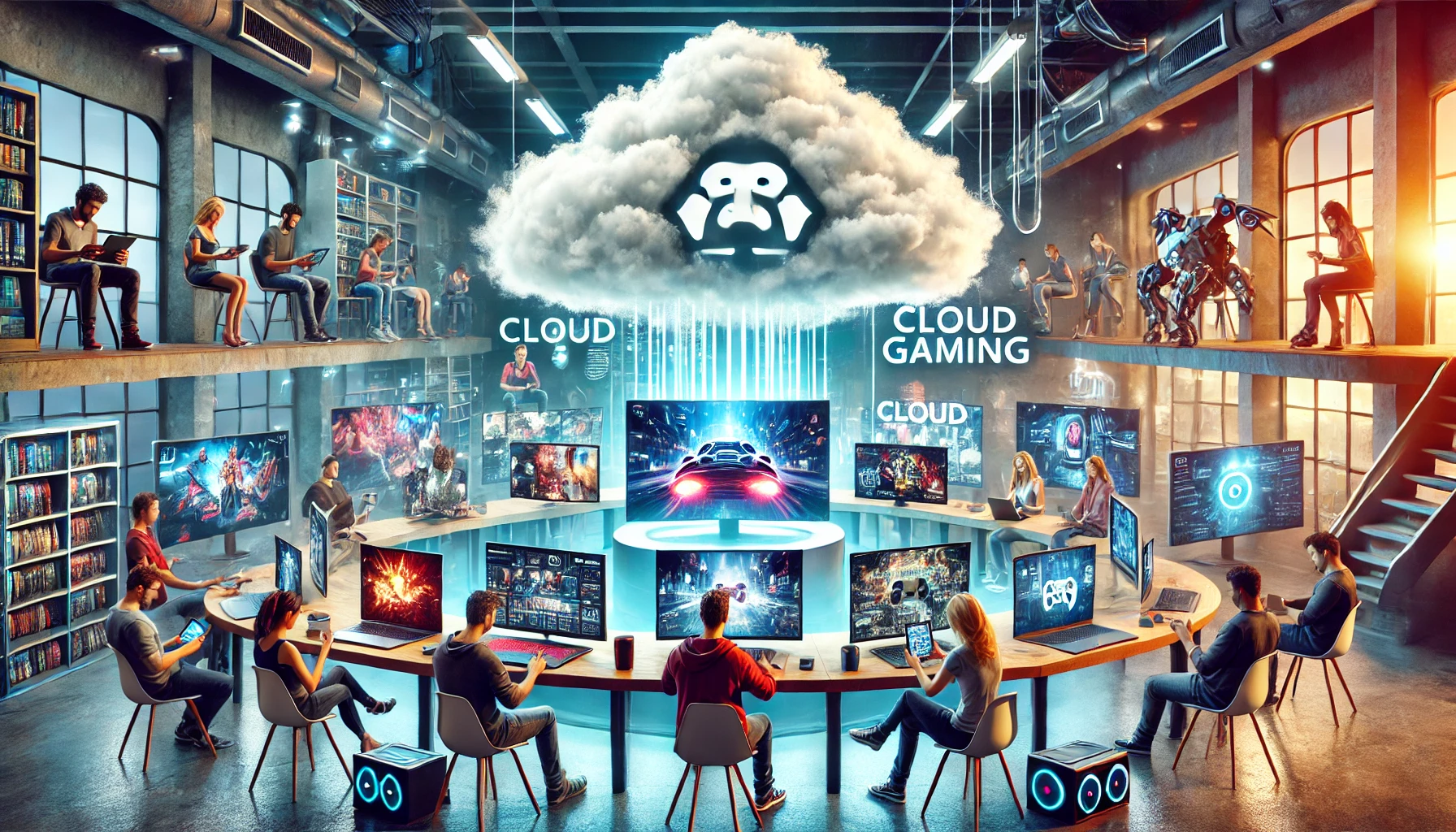 An engaging scene of a modern gaming setup showcasing cloud gaming technology in 2024. The image displays a diverse group of gamers using various devices such as tablets, smartphones, and laptops in a brightly lit, tech-savvy room.