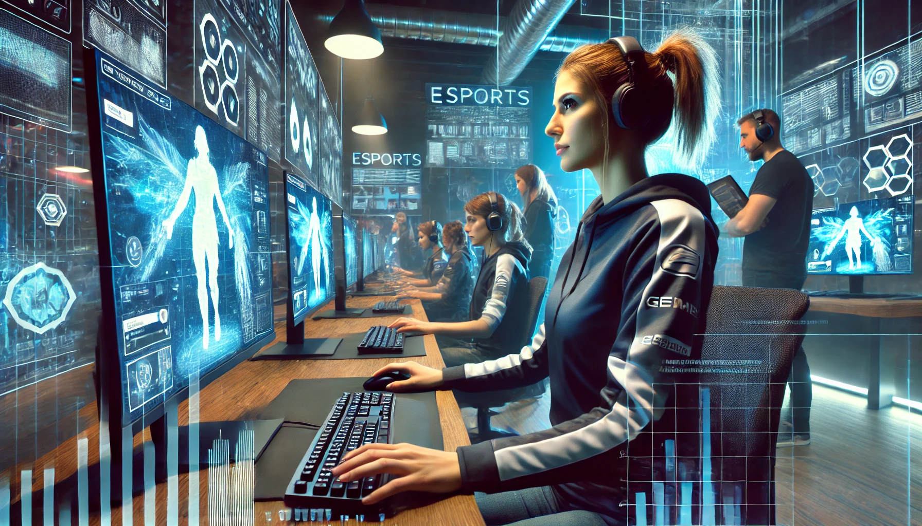A dynamic esports training environment focusing on a female esports athlete, possibly resembling Scarlett.