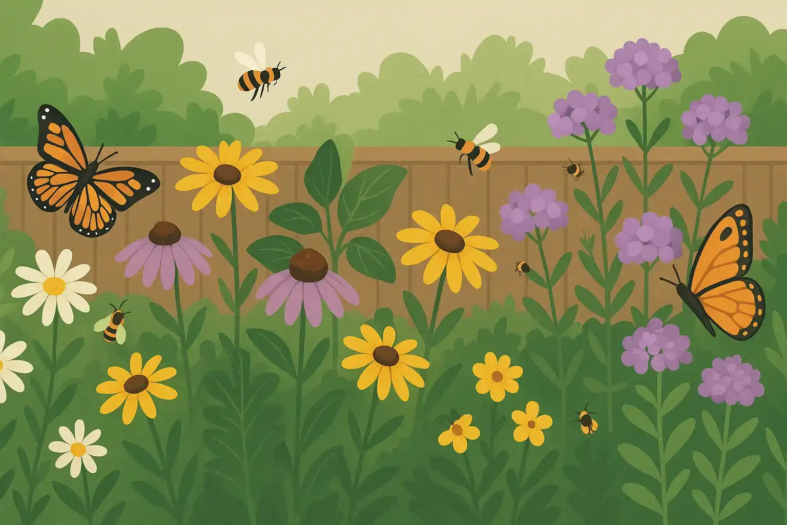 A garden with flowers surrounded by natural pollinators like bees and butterflies.
