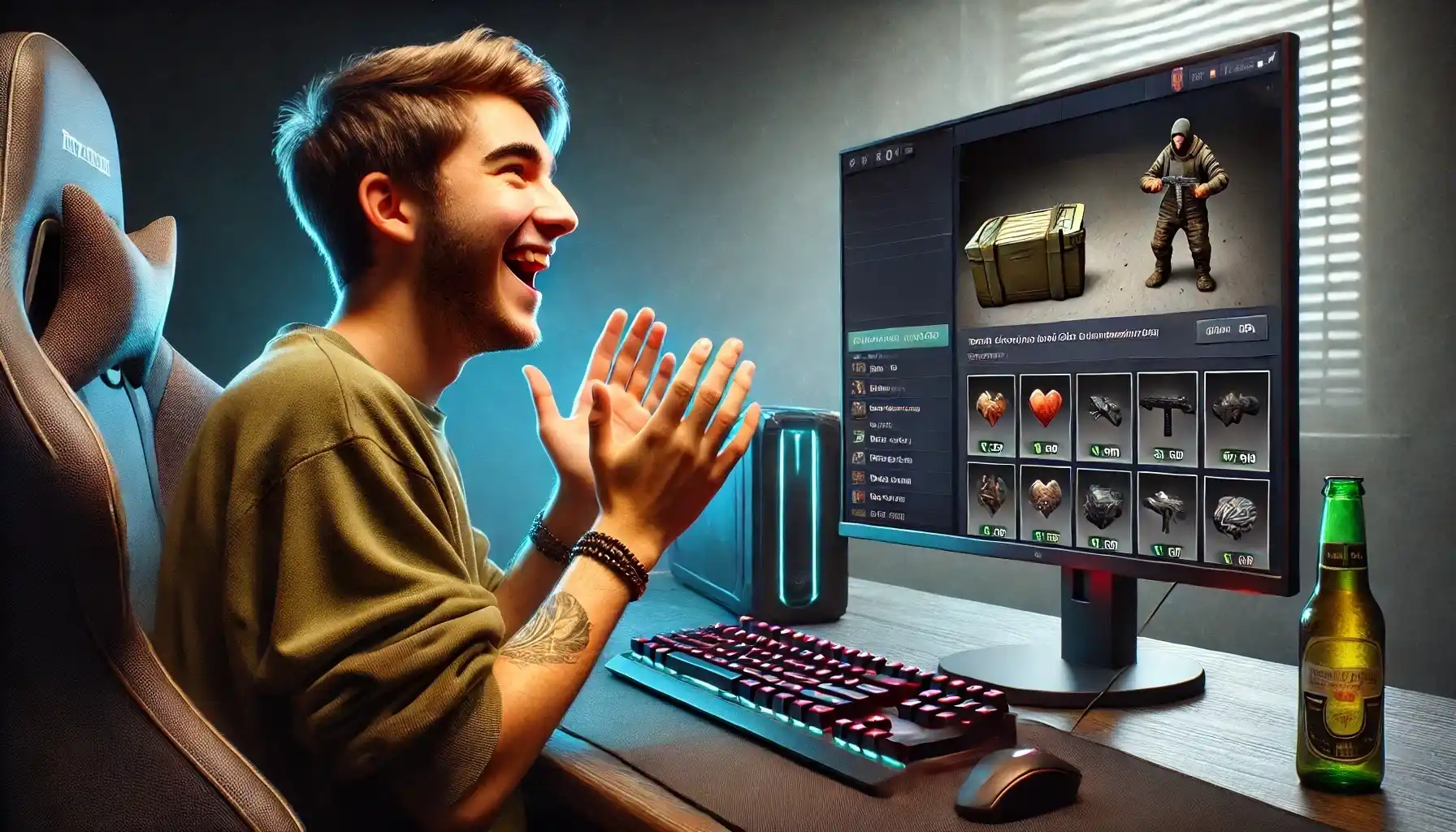 A young man with a joyful expression is clapping his hands in excitement, as his rare item has just been sold for a high price.