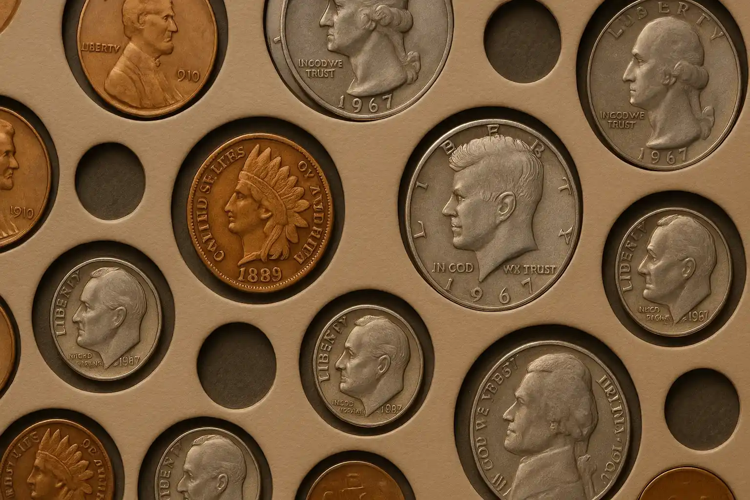 a coin collection in a coin album
