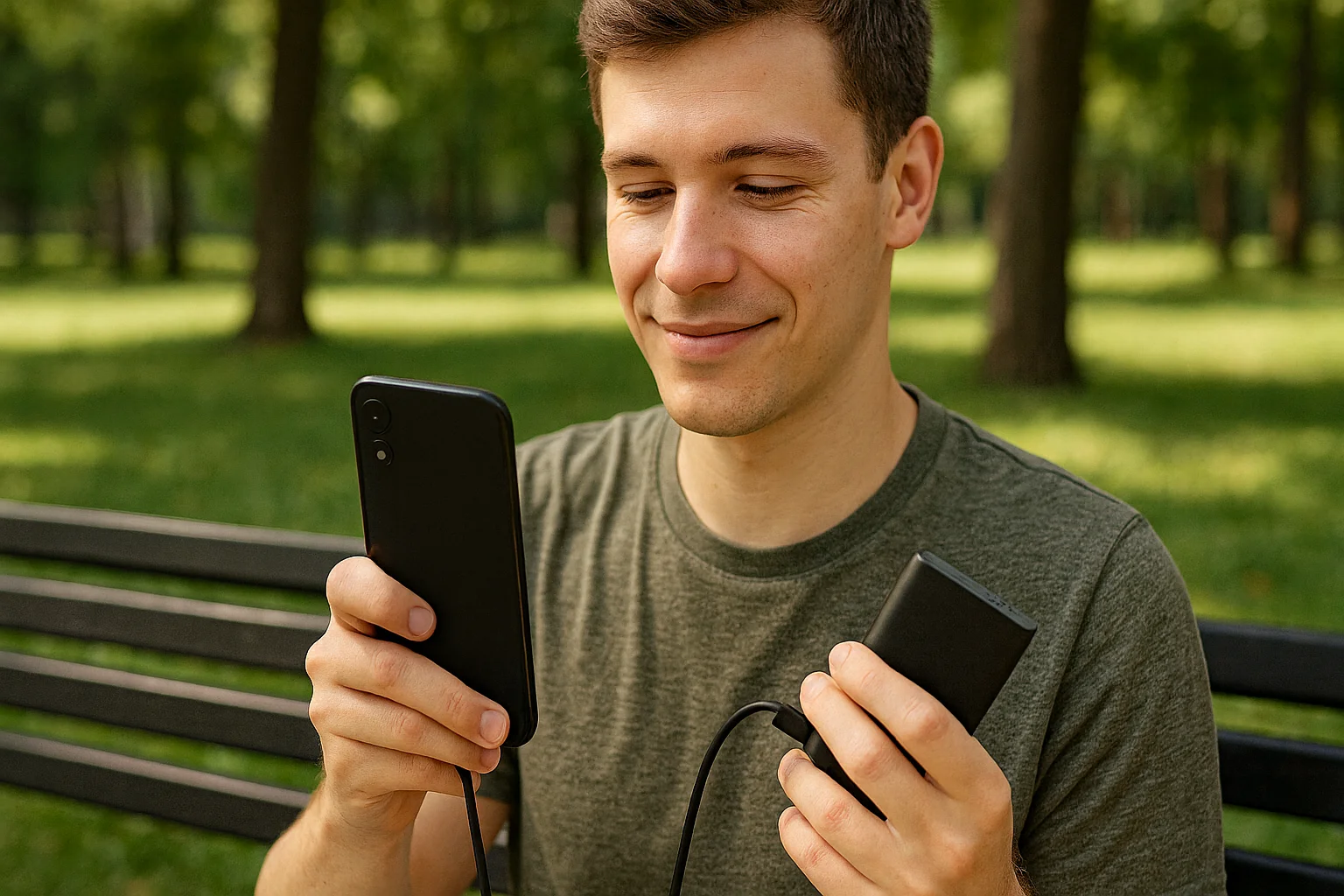 A young man relaxes on a park bench, enabling battery saver on his phone while holding a power bank in his other hand.
