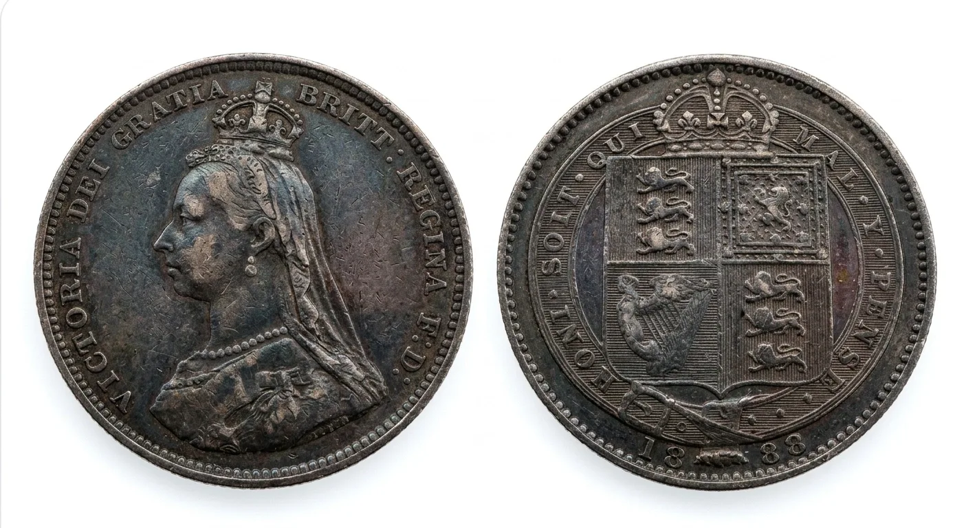 Close-up of a shilling coin with visible patina